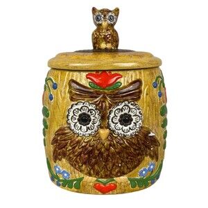 Vintage Owl Hand Painted Ceramic Cookie Jar Canister - RARE FIND